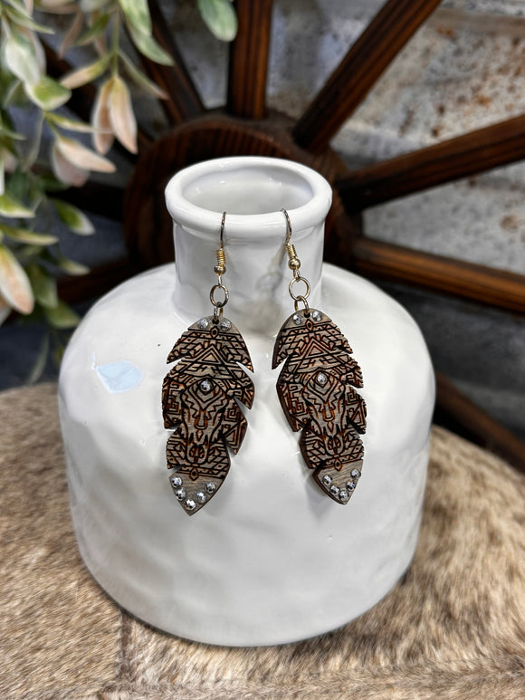 Bling Wooden Feather Longhorn Earring