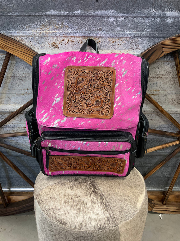 Pink Cowhide Tooled Backpack